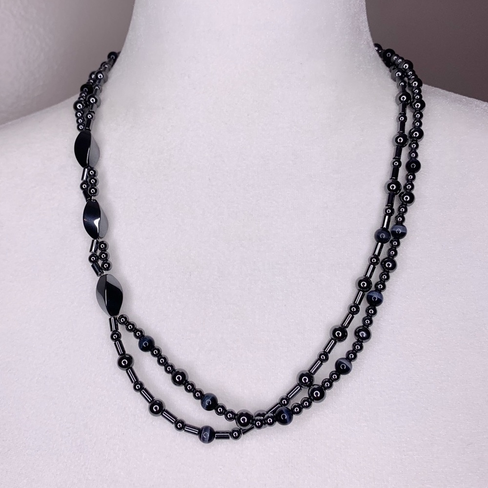 Vintage Black Hematite Fibre Optic Beaded Statement Necklace